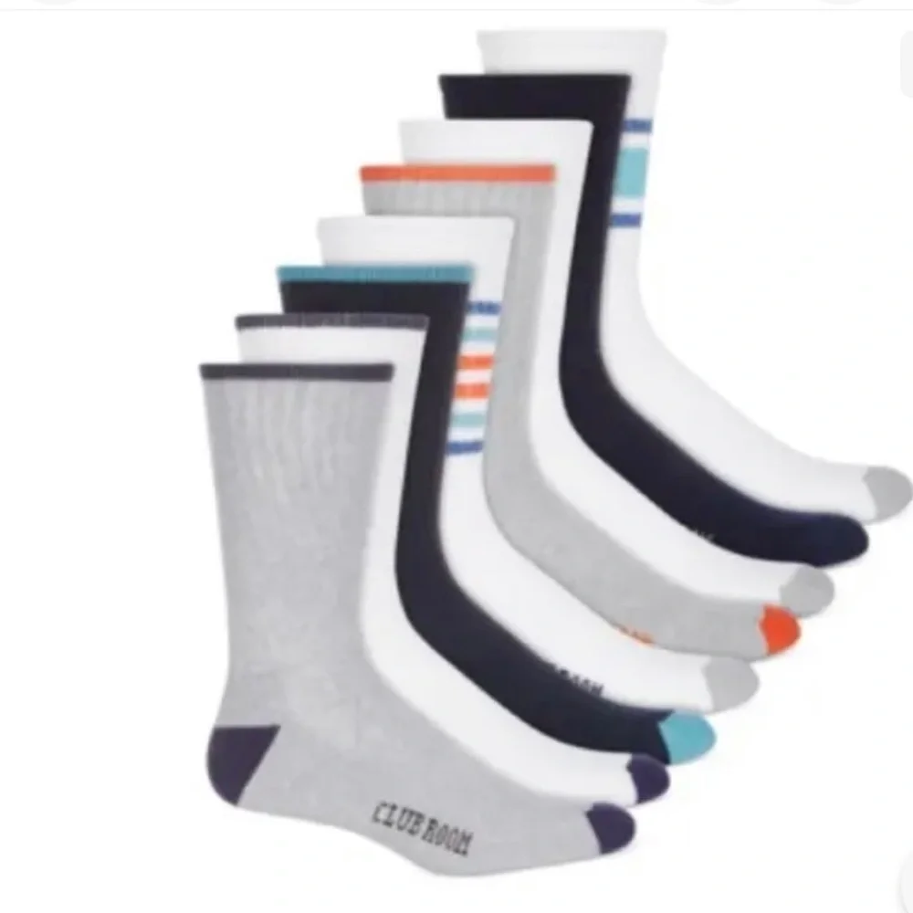 Men's Club Room Crew Striped Socks 8-Pack Pairs Navy/Orange/Blue 10-13. NWT $40.